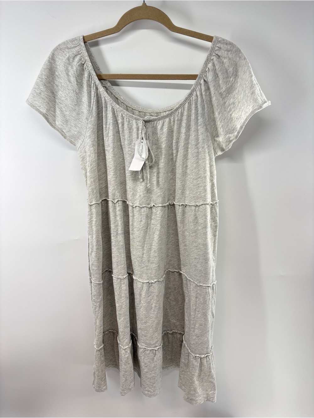 American Eagle Tiered Babydoll Heather Grey Short Sleeve Midi Cotton Dress